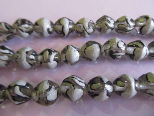 Glass Beads Fancy  Sphere 10mm Hand Painted Black And Silver 4pc