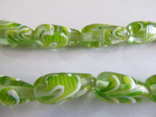 Glass Beads Fancy 17mm x 9mm Hand Painted Green And White 4pc