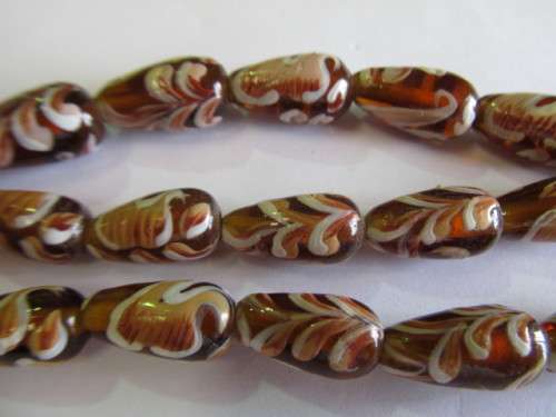 Glass Beads Fancy 17mm x 9mm Hand Painted Brown And White 4pc