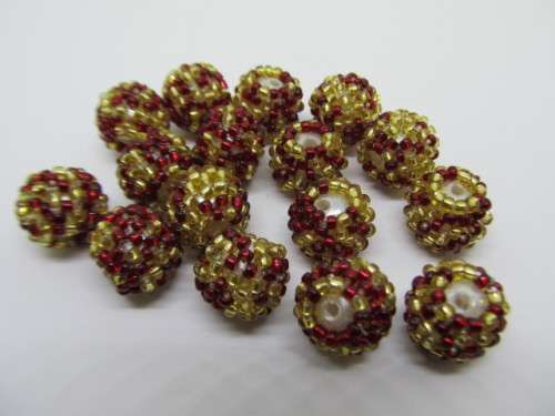 Seedbead Covered Beads, Red And Gold, Made In India, 12mm, 2pc
