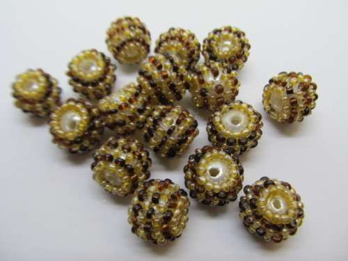 Seedbead Covered Beads, Beige And Brown, Made In India, 12mm, 2pc