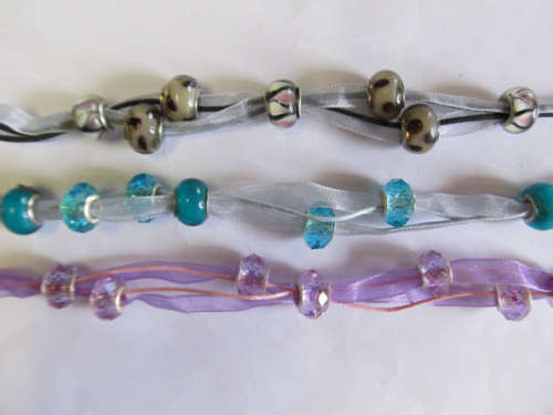 Fashion Jewellery, Bracelet On Wax Cord And Ribbon, Pandora Beads, 1pc