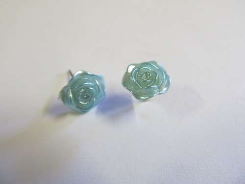 Earrings, Stud Type With Butterfly, Rose Design, Seafoam Colour, 10mm, 1 x Pair