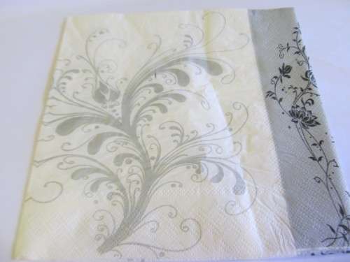 Decoupage Serviettes, Flower Design, White With Silver And Black, 1pc