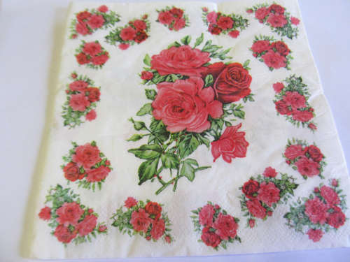 Decoupage Serviettes, Rose Design, White With Red, 1pc