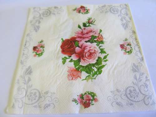 Decoupage Serviettes, Roses, White With Pink And Silver, 1pc