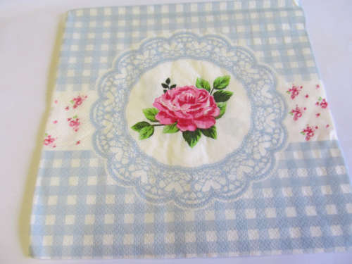 Decoupage Serviettes, Roses, White With Blue And Pink, 1pc