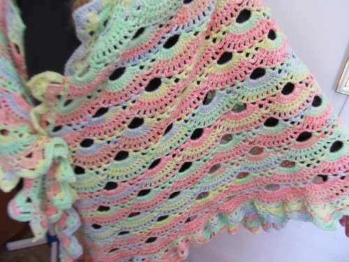 Handmade Crochet Shawl Light Pink, Yellow, Green and Blue 200cm