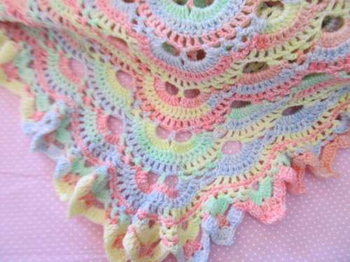 Handmade Crochet Shawl Light Pink, Yellow, Green and Blue 200cm