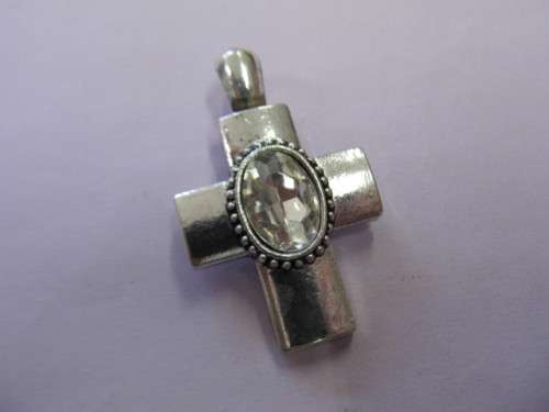 Pendant, Cross, Clear Rhinestone In Center Of Cross, Nickel Colour, 46mm, 1pc