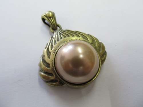 Pendant, Beige Faux Pearl, Bronze Colour, 49mm, 1pc