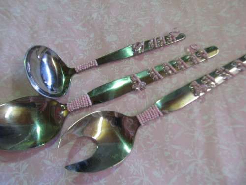 Salad Server + Ladle, Stainless Steel, Beaded Handles, Light Pink Beads