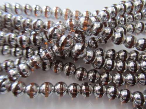 Glass Beads, Fancy, Round, Brown With Silver, 8mm, ±52pc