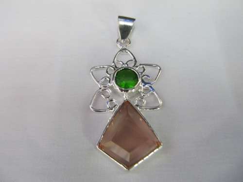 Fine Jewellery, Silver Pendant, Green And Peach Stone, Stamped 925, Size 45mm x 25mm