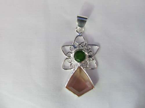Fine Jewellery, Silver Pendant, Green And Peach Stone, Stamped 925, Size 45mm x 25mm