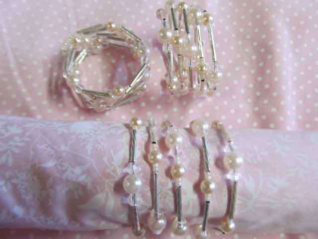 Serviette / Napkin Ring Set, Beaded, Silver With Pink, 6pc