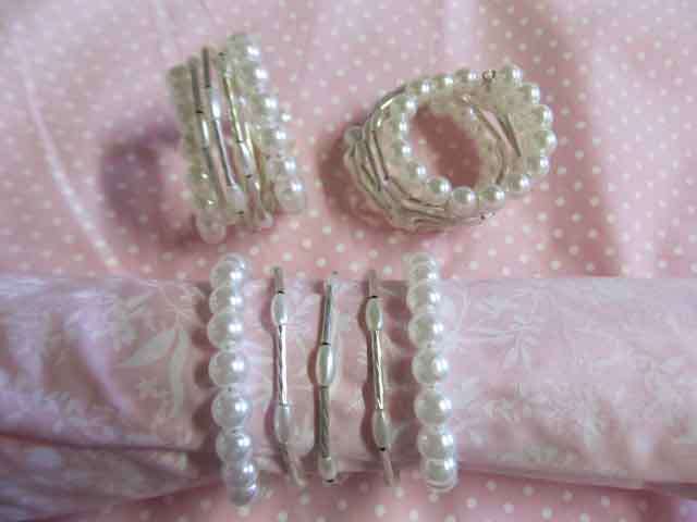 Serviette / Napkin Ring Set, Beaded, Silver With White, 6pc