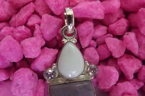 Fine Jewellery, Silver 925 Pendant, White Agate - Pink Cubic Zirconia - Purple Jade, 55mm