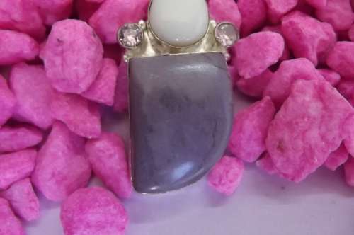 Fine Jewellery, Silver 925 Pendant, White Agate - Pink Cubic Zirconia - Purple Jade, 55mm