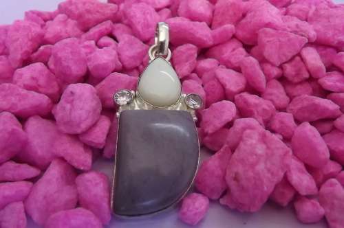 Fine Jewellery, Silver 925 Pendant, White Agate - Pink Cubic Zirconia - Purple Jade, 55mm