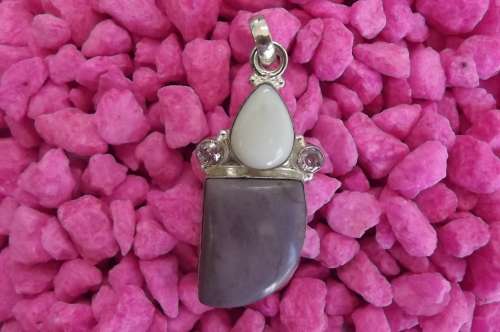 Fine Jewellery, Silver 925 Pendant, White Agate - Pink Cubic Zirconia - Purple Jade, 55mm