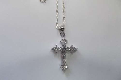 Fine Jewellery, Silver 925 Chain With Cross Pendant With 20 x Cubic Zirconia`s Embedded, Length 46cm
