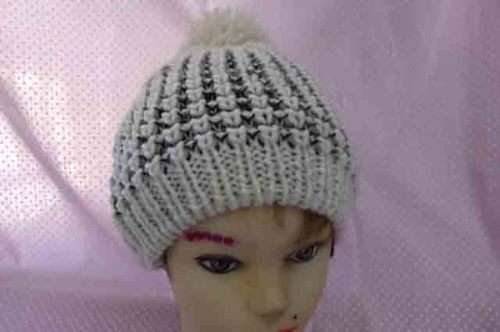 Handmade / Homemade Knitted Wool Beanie, Off White And Navy Blue, 1pc