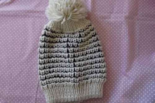 Handmade / Homemade Knitted Wool Beanie, Off White And Navy Blue, 1pc
