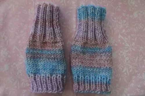 Handmade Mittens, One Size Fits All, Knitted, Wool, Shades Of Pink / Blue, 1 Pair