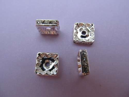Rondals, Metal, Silver Colour With Clear Rhinestones, Square, 10mm, 5pc