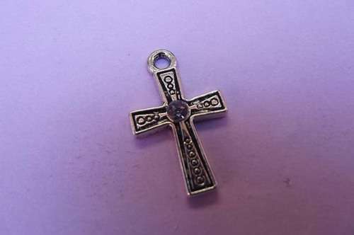 Pendant, Cross with Clear Rhinestone, Metal, Nickel Colour, 27mm, 1pc