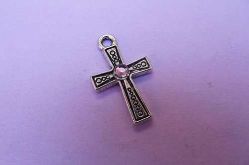 Pendant, Cross with Pink Rhinestone, Metal, Nickel Colour, 27mm, 1pc