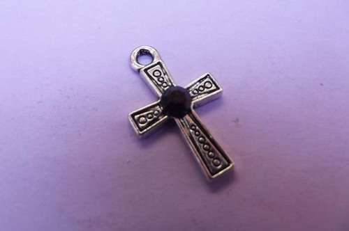 Pendant, Cross with Black Rhinestone, Metal, Nickel Colour, 27mm, 1pc