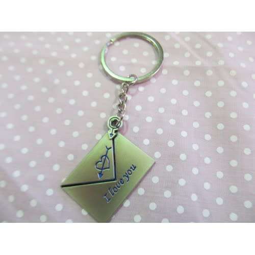 Keyring, Envelope Shape, Metal With Words `I-lOVE-You`, Blue, 30mm x 25mm, 1pc