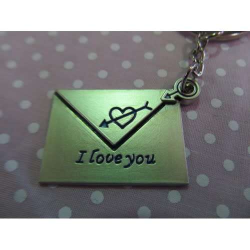 Keyring, Envelope Shape, Metal With Words `I-lOVE-You`, Blue, 30mm x 25mm, 1pc