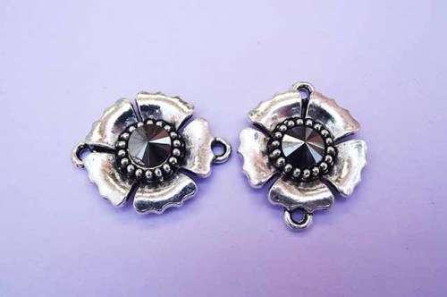 Findings, Connector, Flower With Smoke Rhinestone, Metal, Nickel, 30mm, 1pc