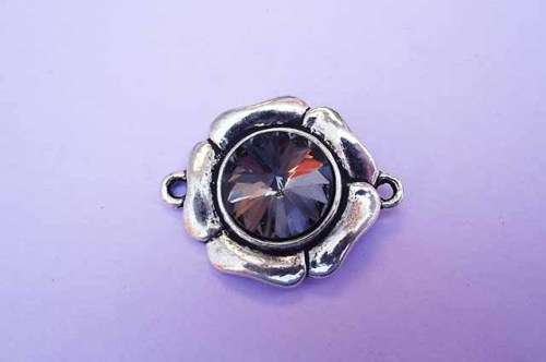 Findings, Connector, Flower With Smoke Rhinestone, Metal, Nickel, 32mm, 1pc