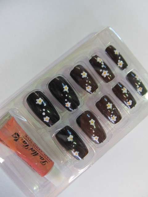 Beauty Products Nails, Party Nails, Flower Design, Black, 10pc / 1 Set