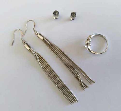 Ring Silver Stamped 925, Ring Size 17mm, Width 7mm, Pair Silver Chain Dangle Earrings, Stud Earrings