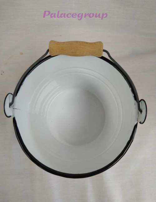 White Enamel Bucket With Black Rim, Wooden Handle,  Capacity 1500ml, See Photos & Description