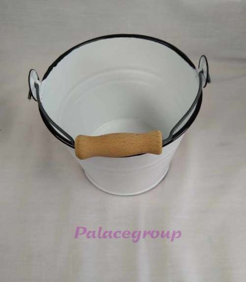 White Enamel Bucket With Black Rim, Wooden Handle,  Capacity 1500ml, See Photos & Description