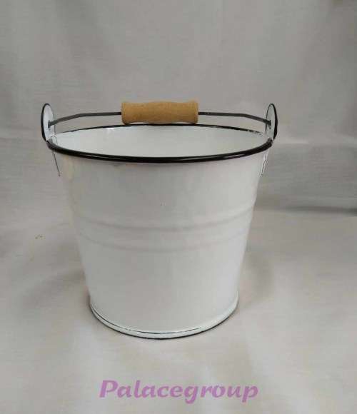 White Enamel Bucket With Black Rim, Wooden Handle,  Capacity 1500ml, See Photos & Description