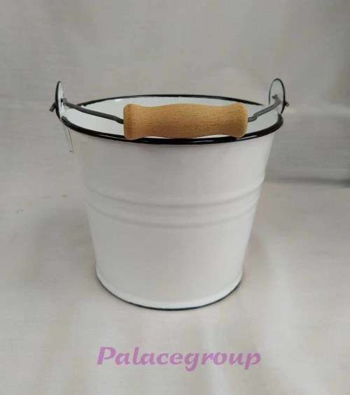 White Enamel Bucket With Black Rim, Wooden Handle,  Capacity 1500ml, See Photos & Description