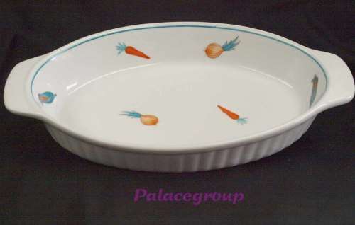 White Serving / Pie Dish With Turquoise Trim And Veggie Theme, Lenght 245mm,Width 170mm, Height 45mm