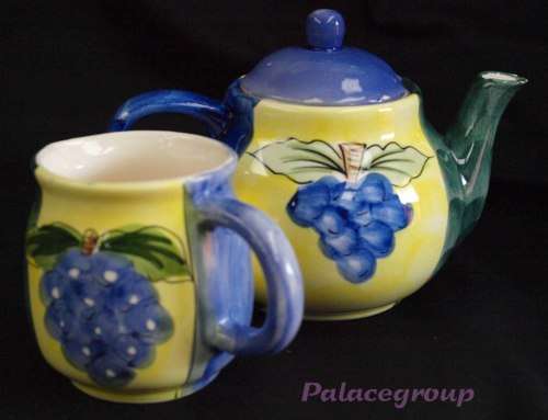 Tea Pot and Milk Jug, Shades Of Blue, Yellow and Green With Fruit Decoration, Glazed, See Photos....