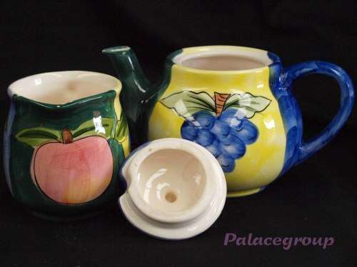 Tea Pot and Milk Jug, Shades Of Blue, Yellow and Green With Fruit Decoration, Glazed, See Photos....