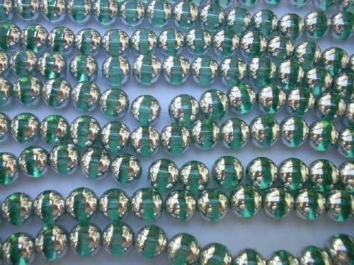 Glass Beads, Fancy, Round, Green With Silver, 10mm, ±40pc