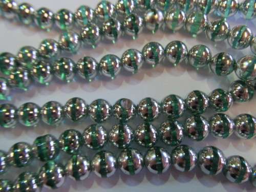 Glass Beads, Fancy, Round, Green With Silver, 12mm, ±34pc