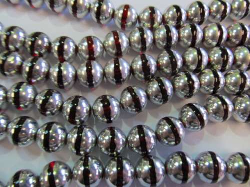 Glass Beads, Fancy, Round, Red With Silver, 12mm, ±34pc