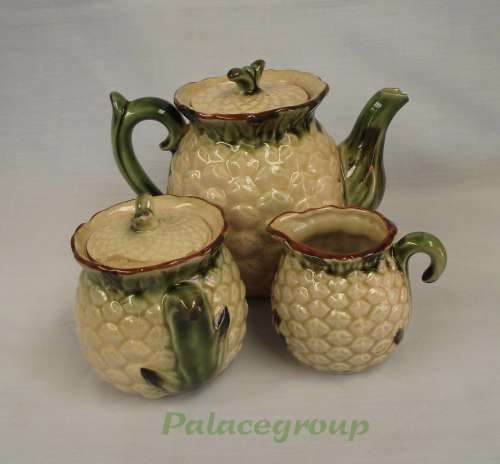 Vintage Teapot With Milk Jug And Sugar Bowl, Pineapple Motive, Beige And Green, See Photos...